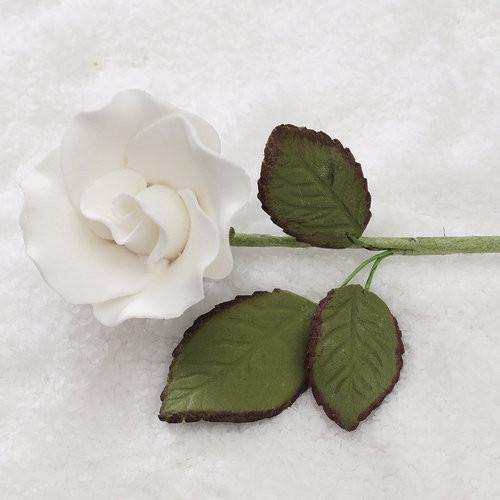 1.25" Rose on Stem w/ Leaves - Small - White (30 per box)